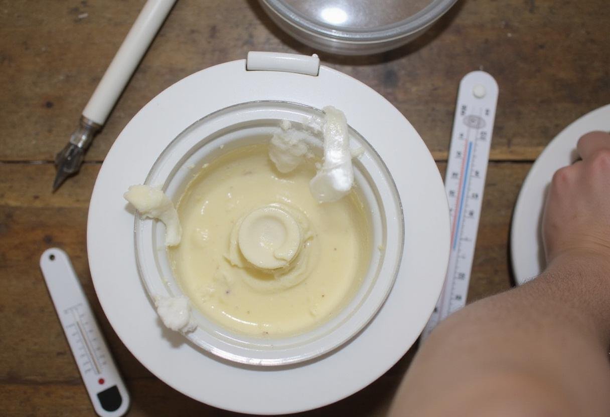 Churning homemade ice cream inside a Pampered Chef ice cream maker, showing the thickening mixture and the temperature gauge.