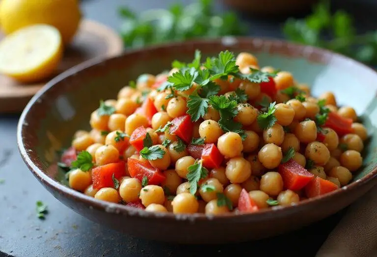 Finished Vegan Chickpea Salad with fresh vegetables and herbs, ideal for a healthy meal.
