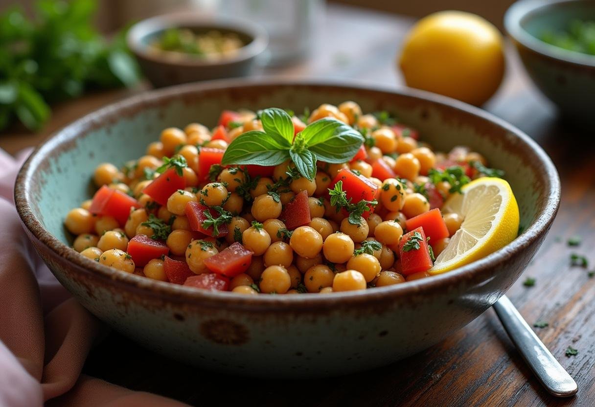 Finished Vegan Chickpea Salad with fresh vegetables and herbs, ideal for a healthy meal.