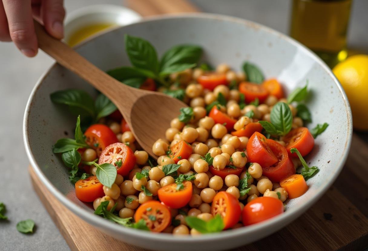 Mixing olive oil and lemon juice into chickpea salad ingredients.