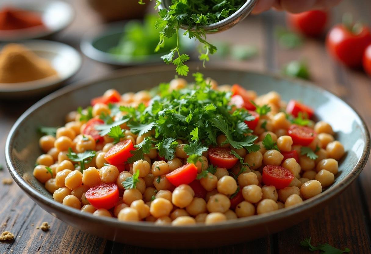 Fresh herbs added to chickpea salad for added flavor in a Vegan recipe.