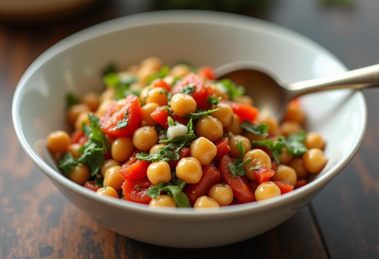 Serving spoon in a bowl of Vegan Chickpea Salad, prepared for serving.