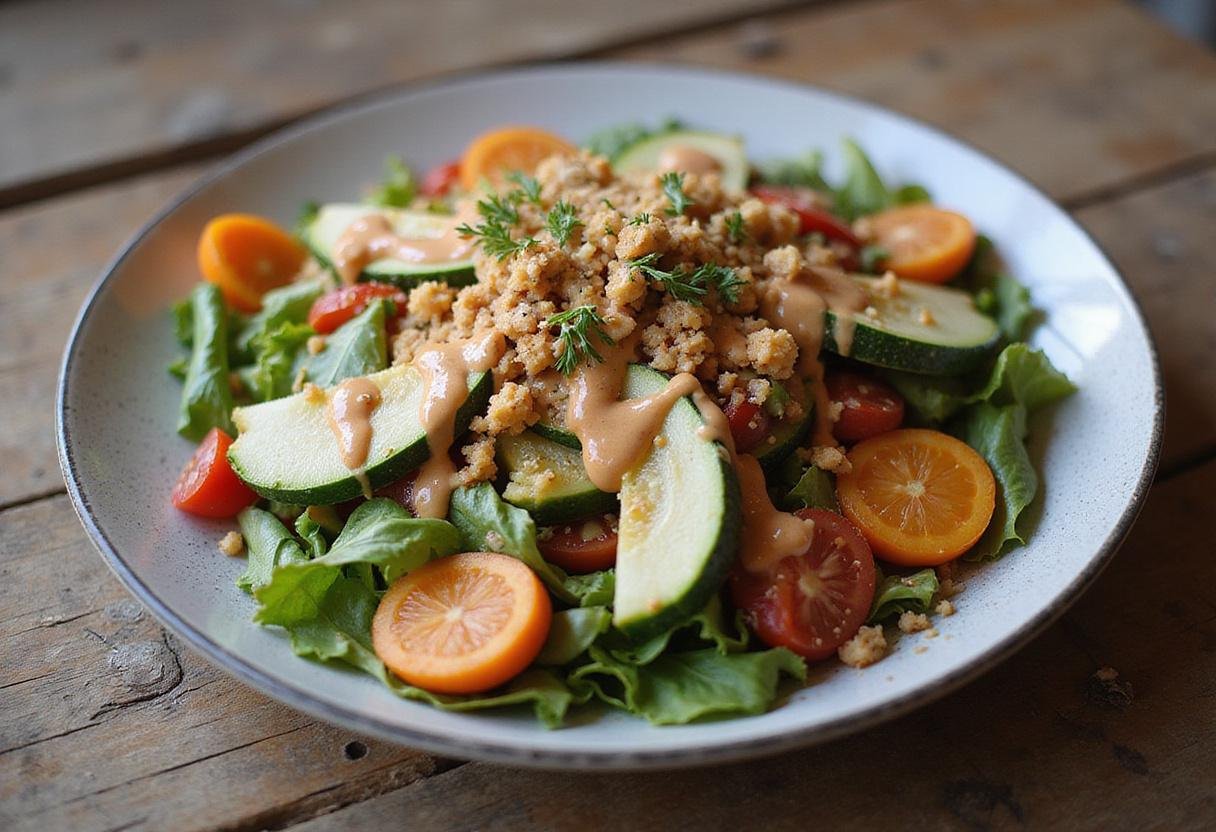 Deliciously plated dish with vibrant vegetables and a nutty tahini infusion, demonstrating versatile tahini uses in cooking.