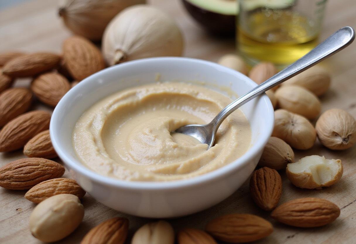 Tahini uses in cooking: exploring the rich, creamy texture of tahini with an assortment of nuts for a versatile nutty infusion.
