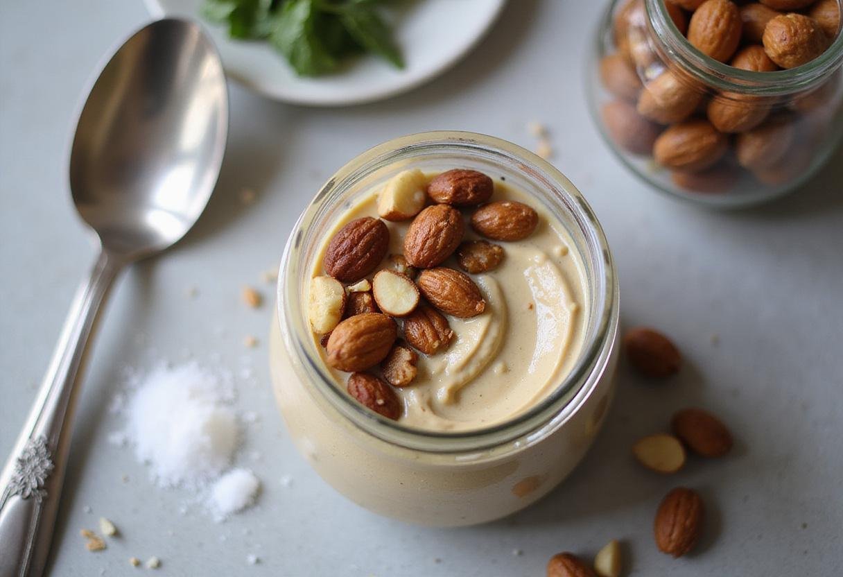 Making a nutty tahini infusion: blending tahini with a variety of nuts and sea salt to create a deliciously smooth sauce.