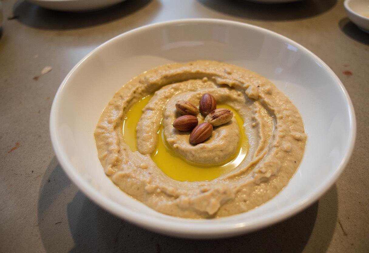 Creamy nutty tahini mixture is ready to be served, highlighting the smooth blend of tahini and nuts with a drizzle of olive oil.