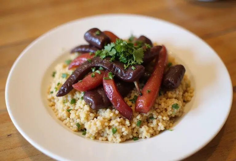 An elegant presentation of quinoa topped with sautéed purple bell peppers, highlighting the culinary versatility and vibrant color of the purple bell pepper.