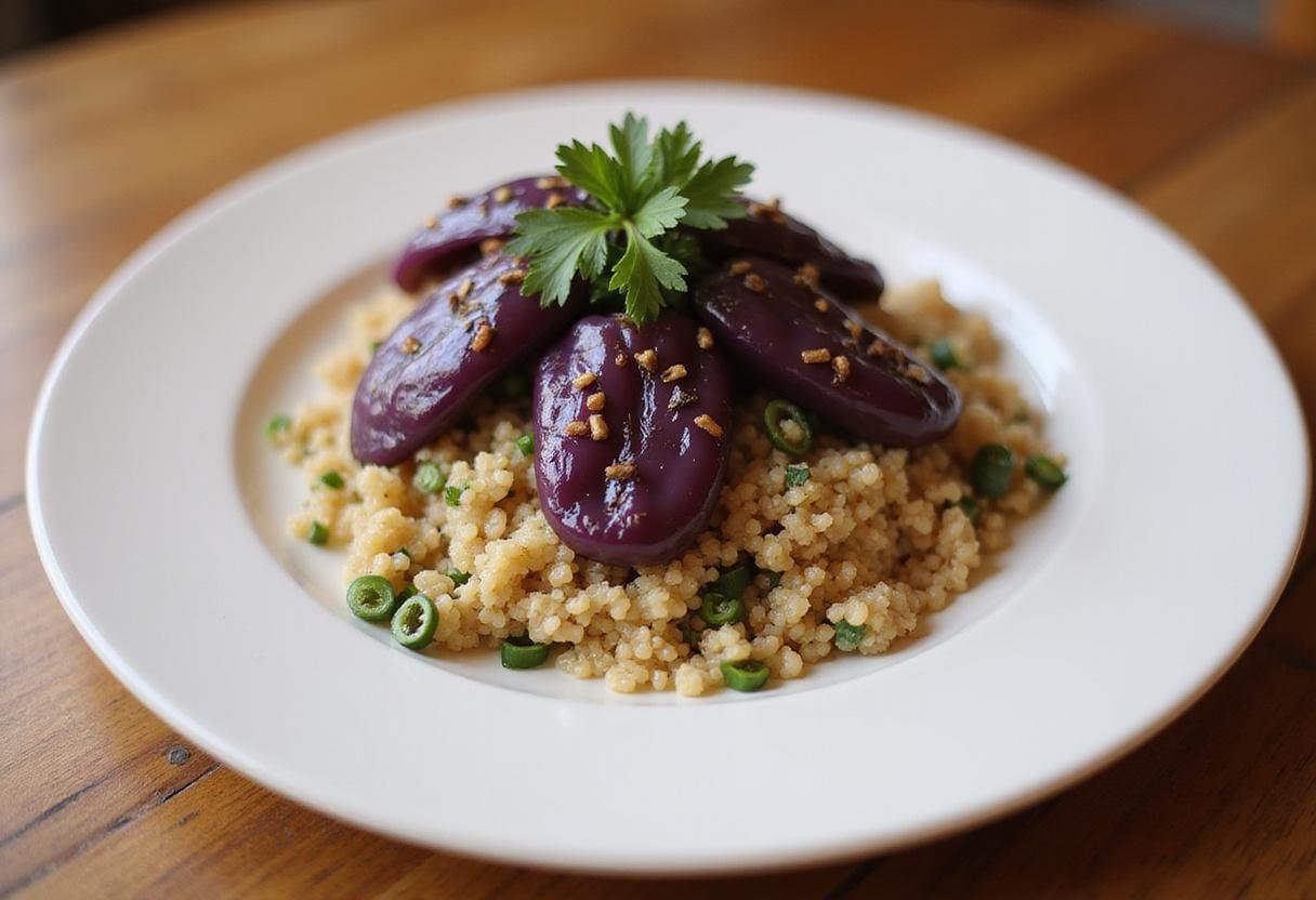An elegant presentation of quinoa topped with sautéed purple bell peppers, highlighting the culinary versatility and vibrant color of the purple bell pepper.