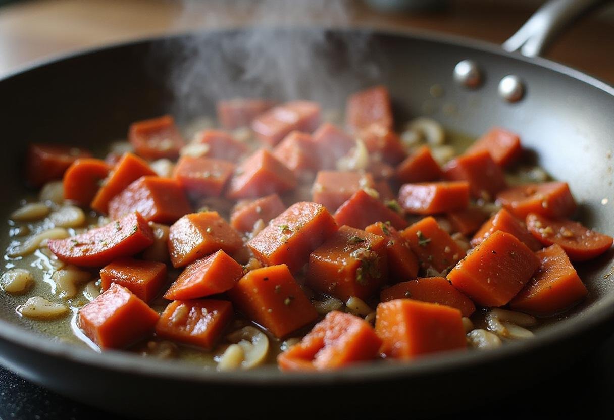 Diced purple bell peppers being sautéed in a frying pan, enhancing the flavor, showcasing the vibrant appeal of purple bell peppers in cooking.