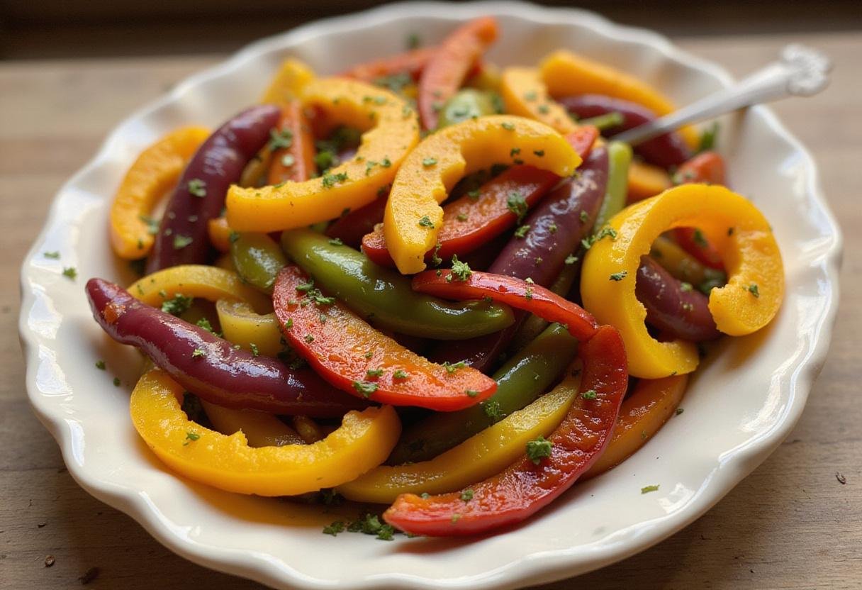 A colorful platter of sautéed purple bell peppers and herbs, emphasizing the delicious aspect of using purple bell pepper in dishes.