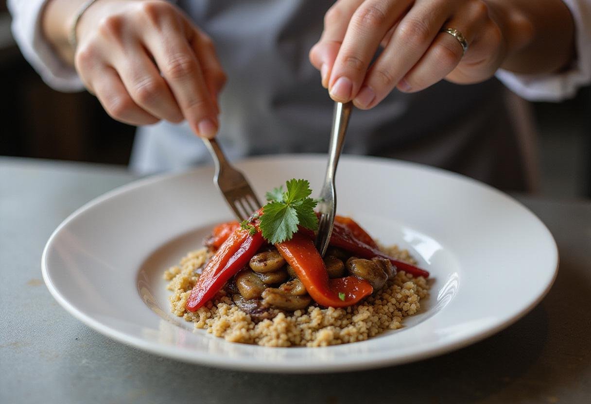 A gourmet dish being plated with sautéed purple bell peppers, capturing the essence of culinary art using purple bell pepper.