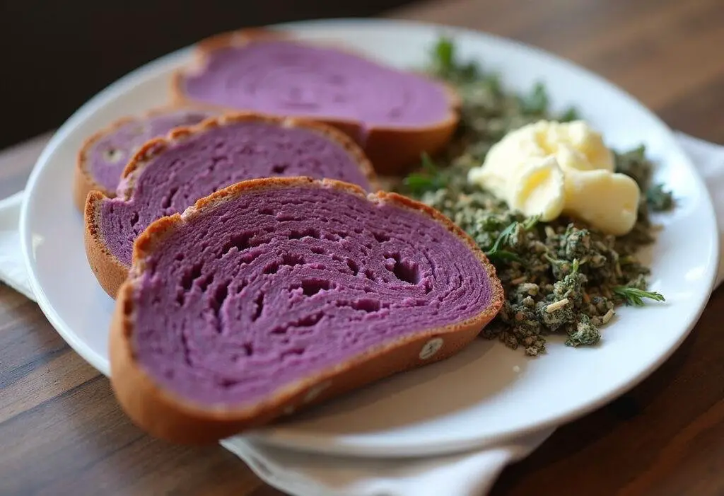 Artfully presented vibrant purple bread on a plate, accented with butter and herbs, perfect for showcasing homemade unique bread.
