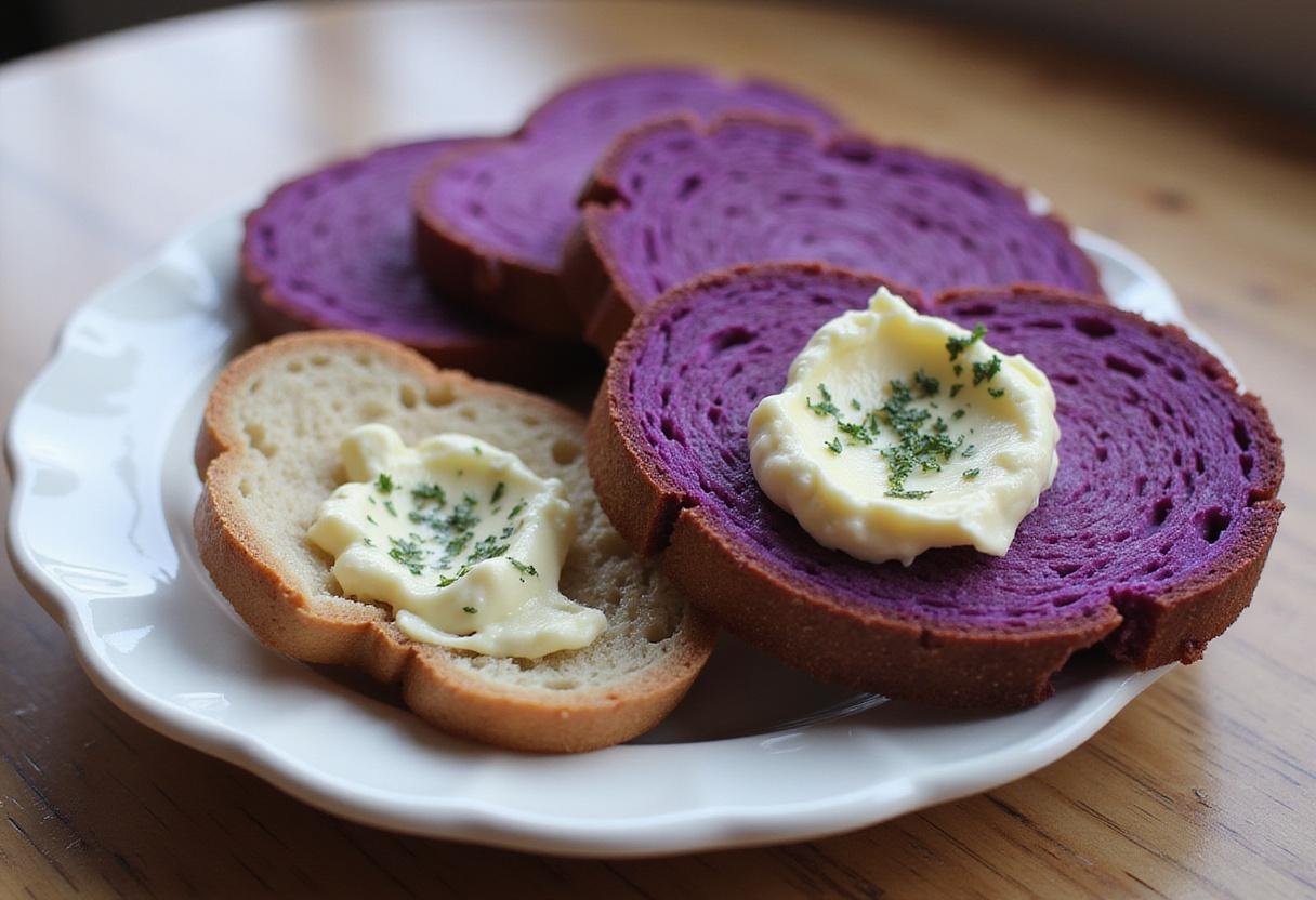 Artfully presented vibrant purple bread on a plate, accented with butter and herbs, perfect for showcasing homemade unique bread.