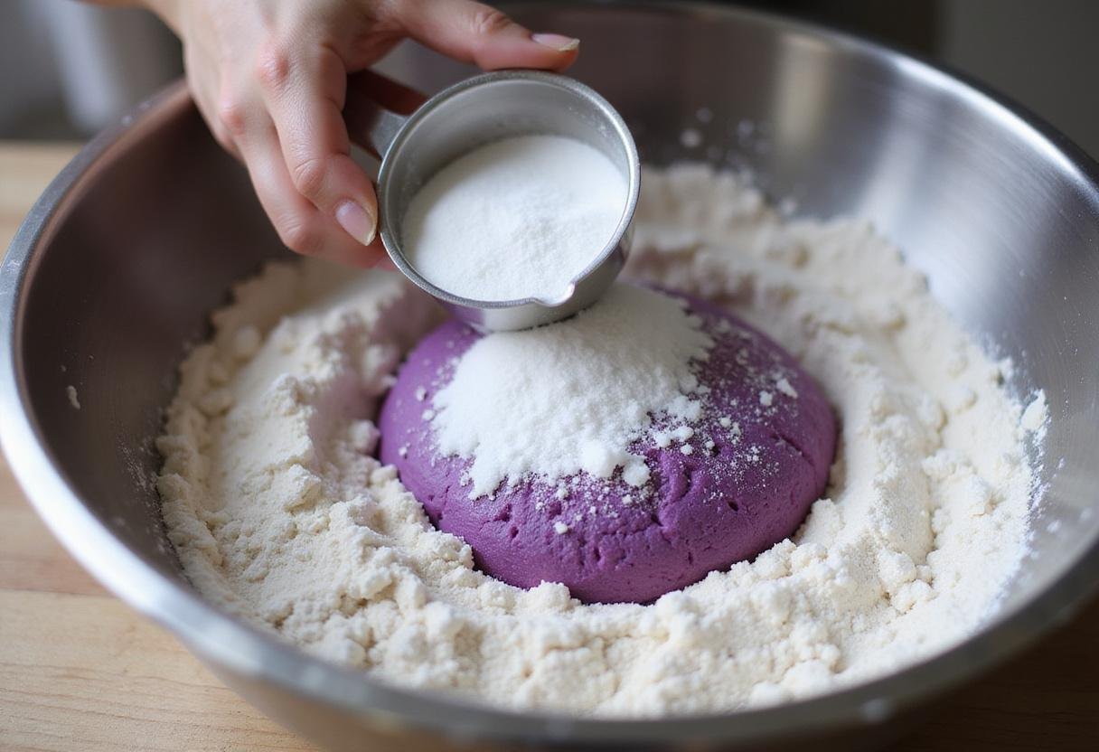 Ingredients for purple bread preparation including flour, sugar, and yeast in a mixing bowl.