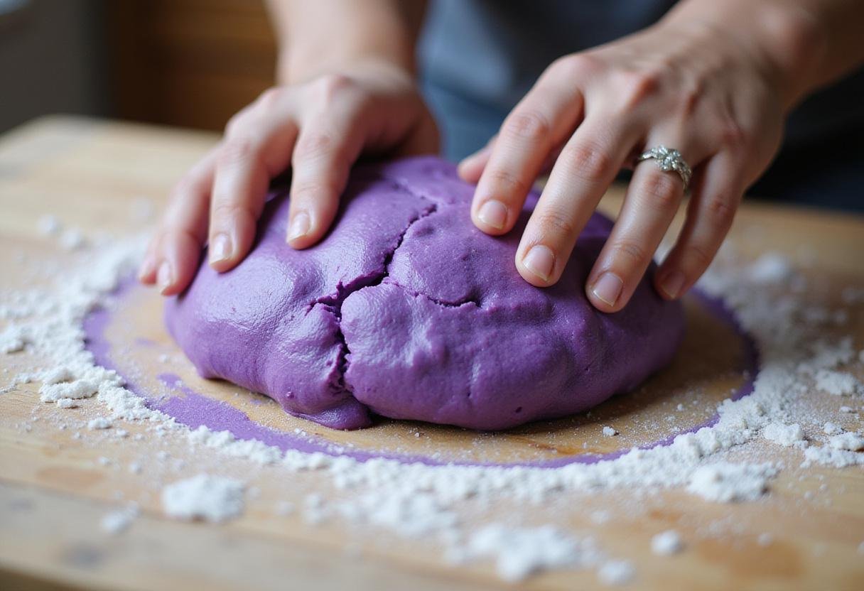 Kneaded vibrant purple bread dough highlighted on a rustic wooden countertop.