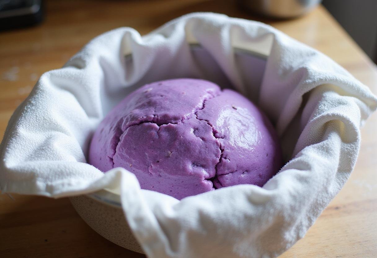 Purple bread dough rising covered in a bowl, illustrating the fermentation process for homemade bread.