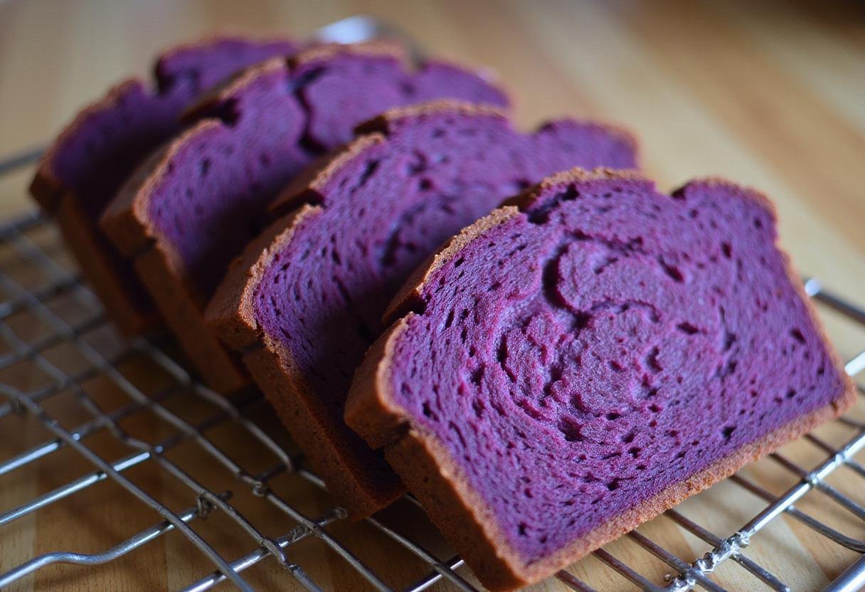 Freshly baked vibrant purple bread slices cooling, showcasing the unique color and texture of the homemade bread.