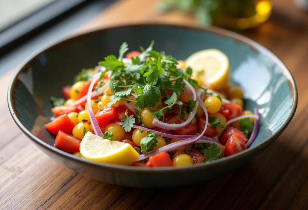 Finished vibrant rainbow salad, full of colorful vegetables and ready to enjoy.