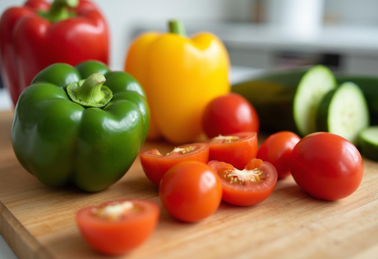 Fresh vegetables being chopped for a vibrant rainbow salad recipe.