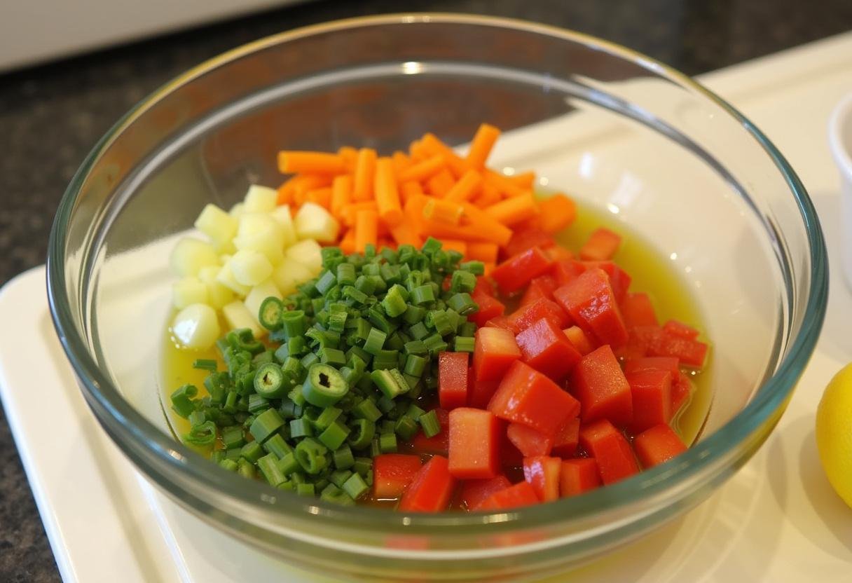 Chopped vegetables displayed in a large bowl for rainbow salad preparation.
