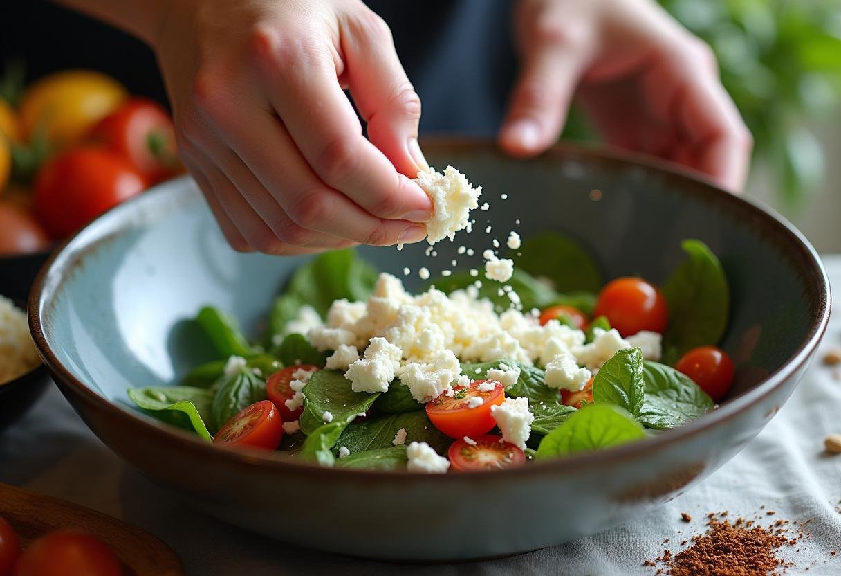 Feta cheese being added to a vibrant rainbow salad for extra flavor.