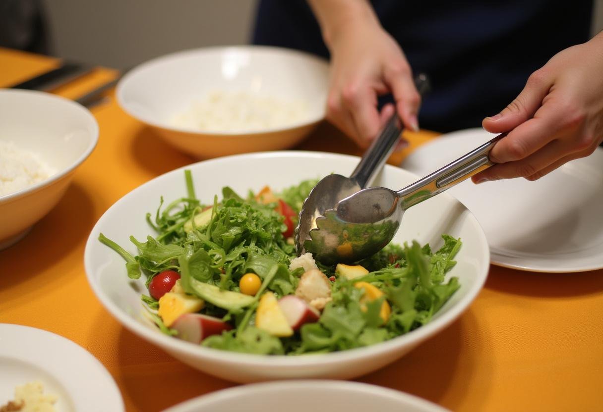 Mixing ingredients for a vibrant rainbow salad using salad tongs.