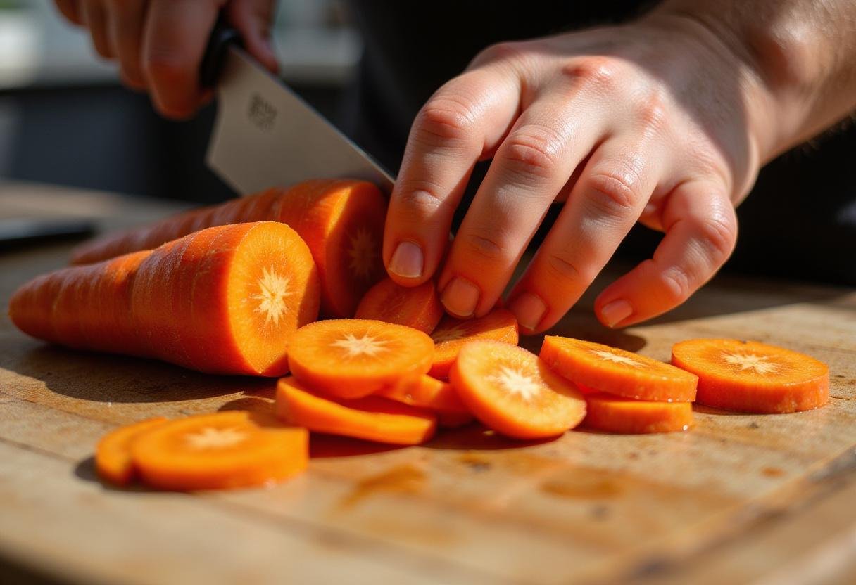 Slicing vibrant red carrots on a cutting board, showcasing fresh produce for a delicious carrot dish.
