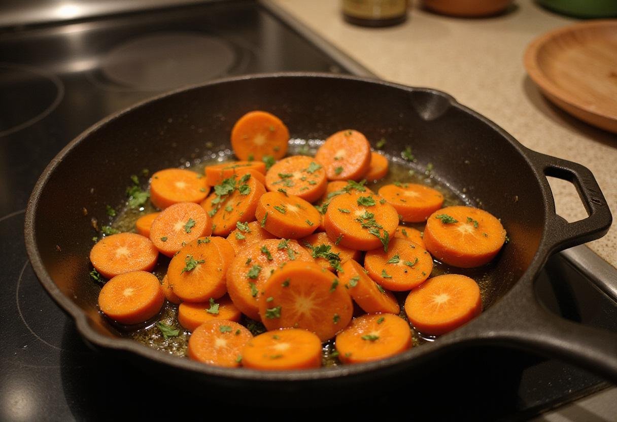 Sautéing vibrant red carrots in a skillet with garlic and herbs, essential steps for creating the perfect carrot delight.