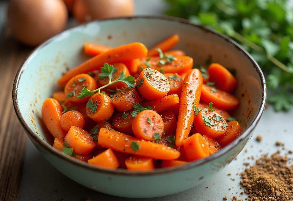Combining sautéed red carrots with spices and honey in a vibrant bowl, preparing for a delightful dish.