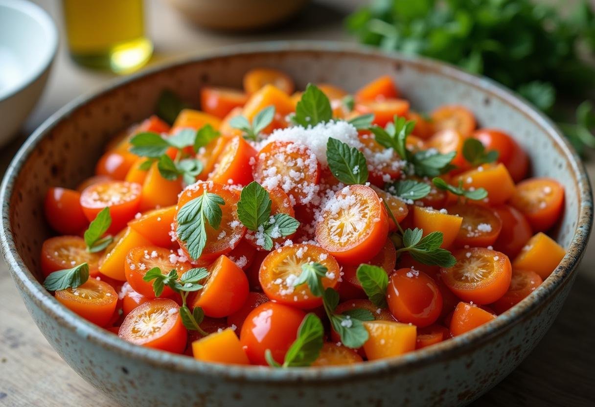 Mixed diced vegetables for Vibrant Veggie Power Bowl with olive oil and herbs.