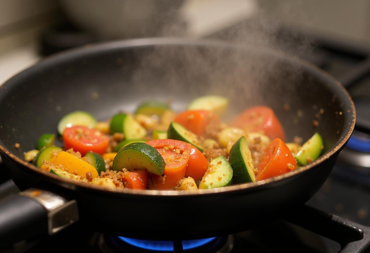 Sautéing seasoned vegetables for a fresh and healthy Vibrant Veggie Power Bowl.