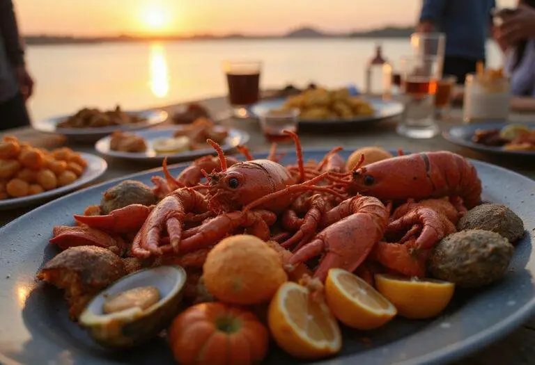Enjoying a stunning final presentation of a Victoria Seafood Boston Feast, featuring an array of vibrant seafood and a picturesque sunset.