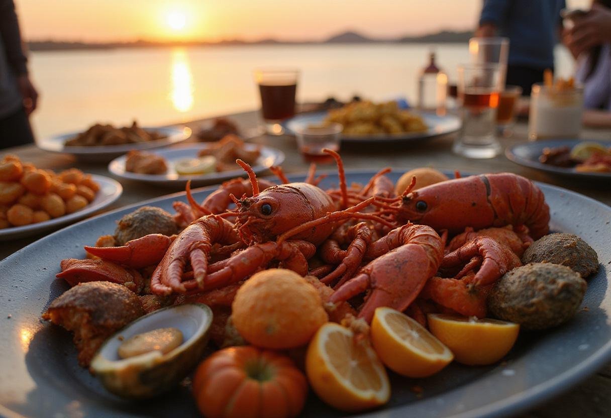 Enjoying a stunning final presentation of a Victoria Seafood Boston Feast, featuring an array of vibrant seafood and a picturesque sunset.