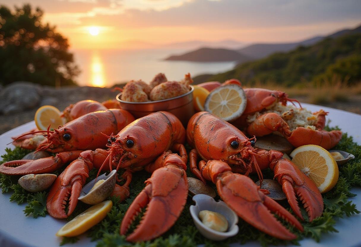 Enjoying a stunning final presentation of a Victoria Seafood Boston Feast, featuring an array of vibrant seafood and a picturesque sunset.