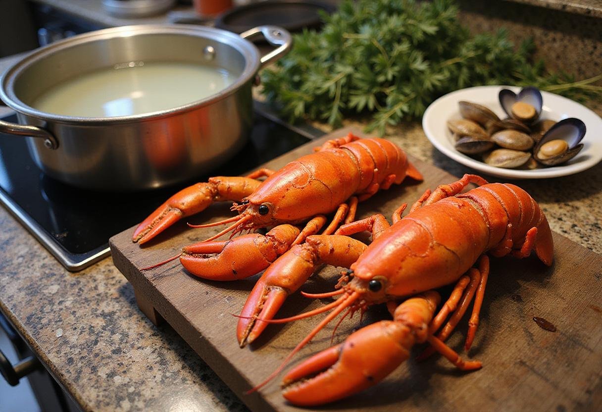 Preparing a Victoria Seafood Boston Feast with lobsters, clams, and mussels in seawater for a flavorful boil.