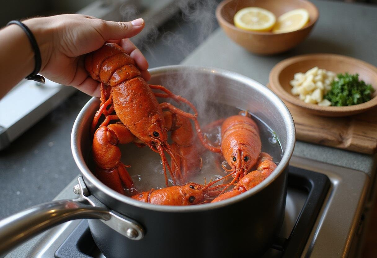 Cooking lobsters for a delicious Victoria Seafood Boston Feast while preparing garlic and lemon for flavor.