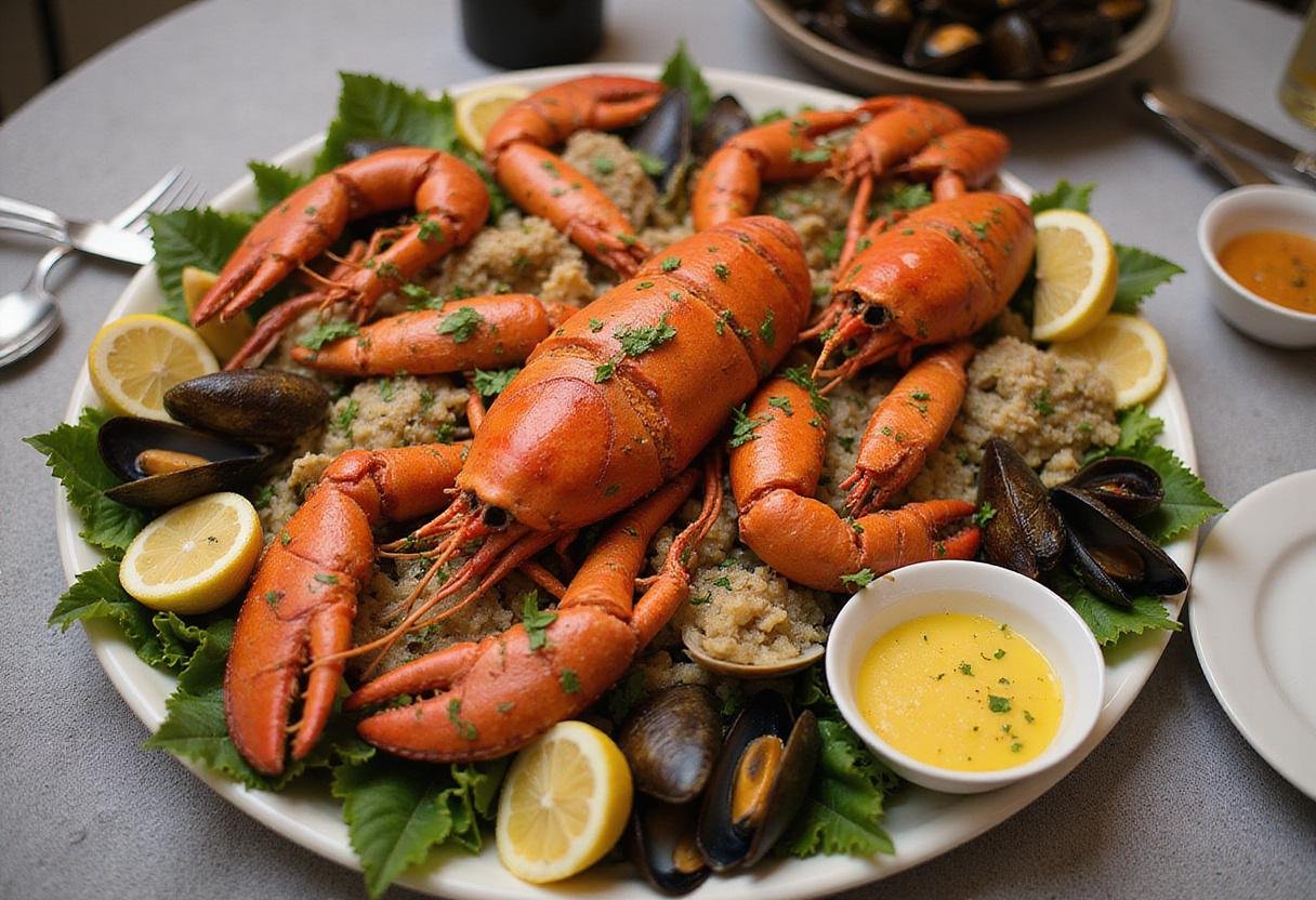 Serving a seafood platter of lobsters, clams, and mussels for a delightful Victoria Seafood Boston Feast.