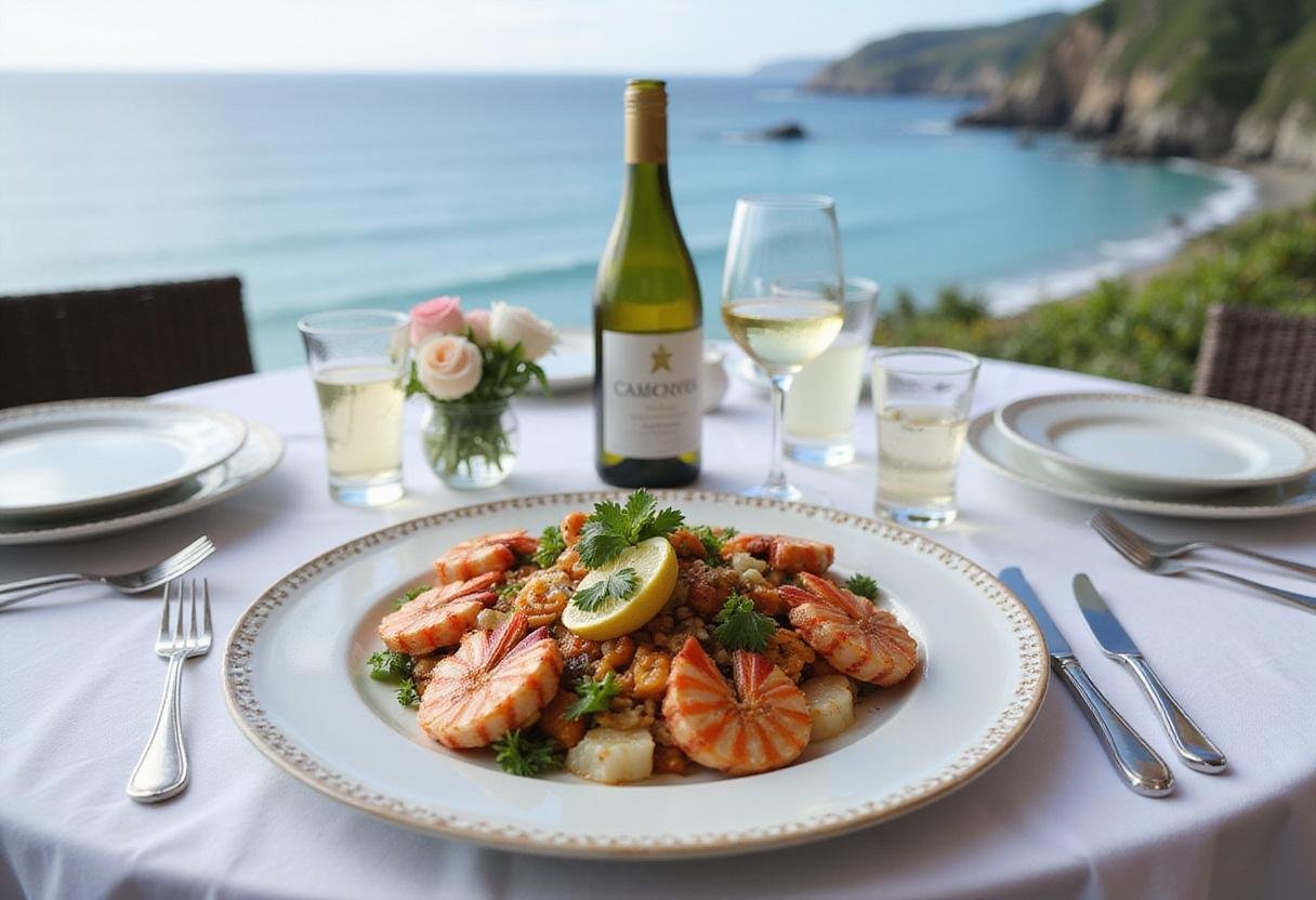 Setting the table for a Victoria Seafood Boston Feast with a stunning seafood platter and coastal scenery.
