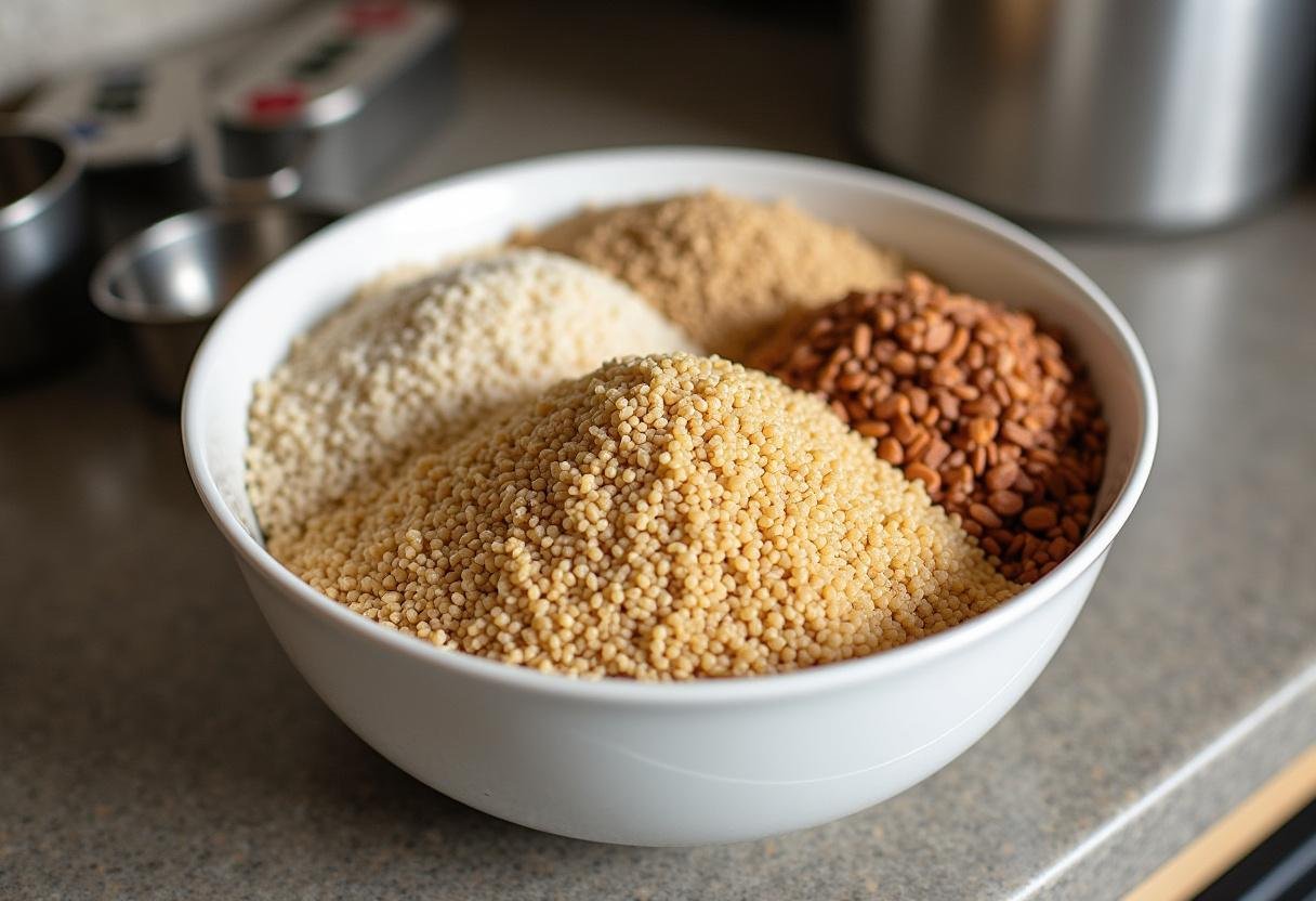 Whole grains like quinoa, brown rice, and farro ready for the Whole Grain Goodness Bowl.