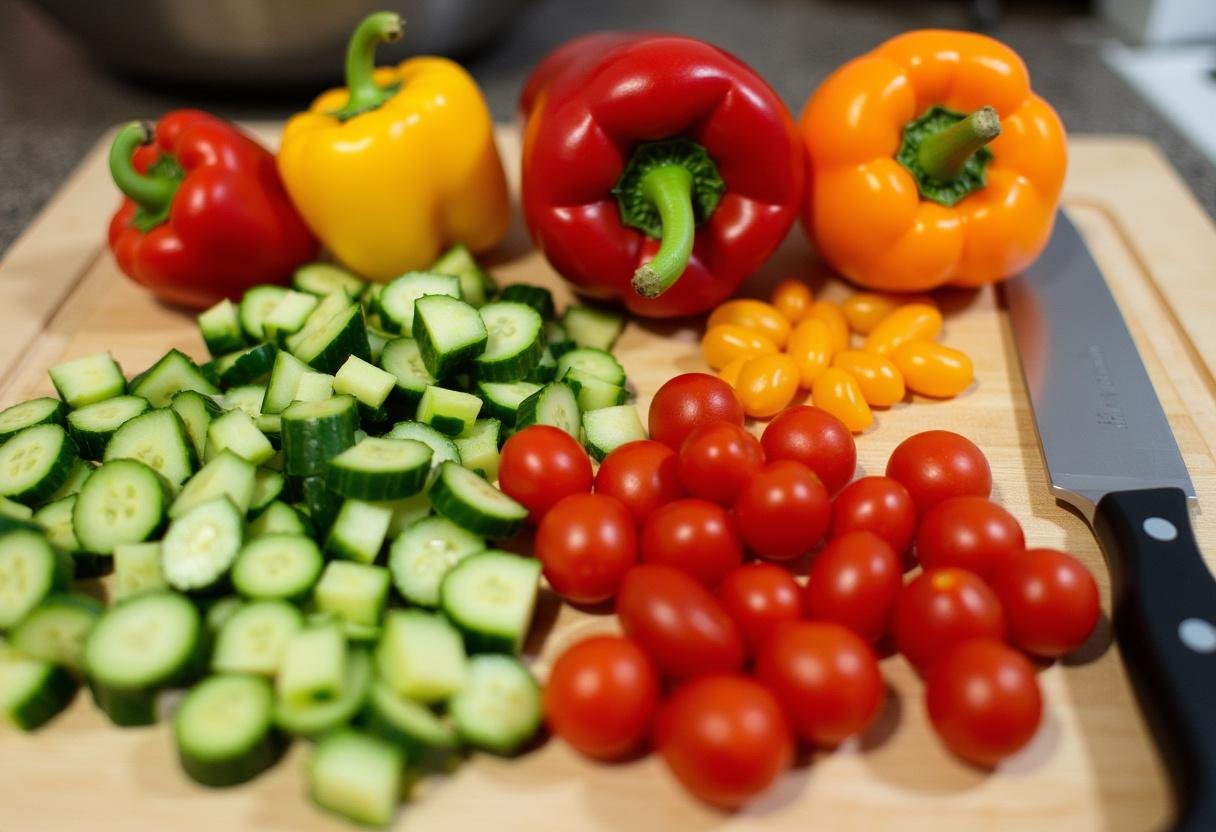Fresh vegetables chopped for a colorful Whole Grain Goodness Bowl.