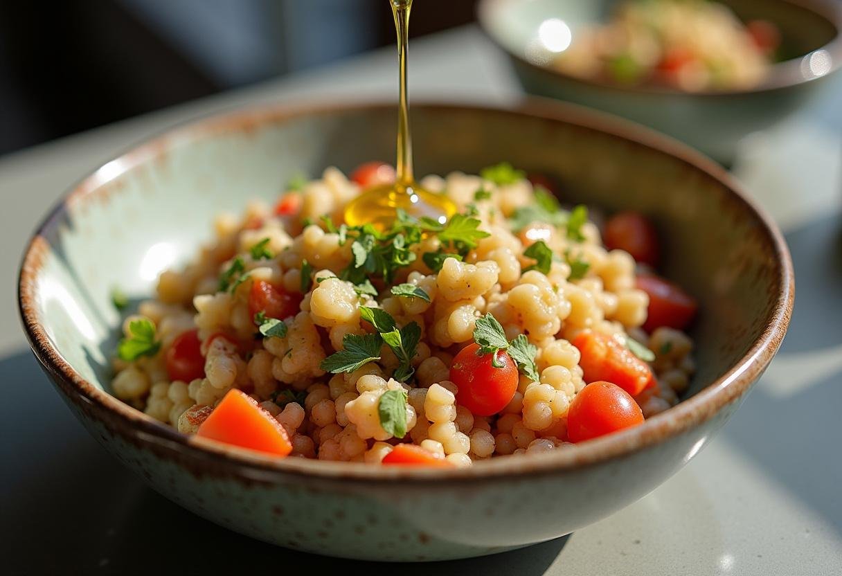 Mixing whole grains and vegetables with olive oil and lemon juice for a healthy Whole Grain Goodness Bowl.