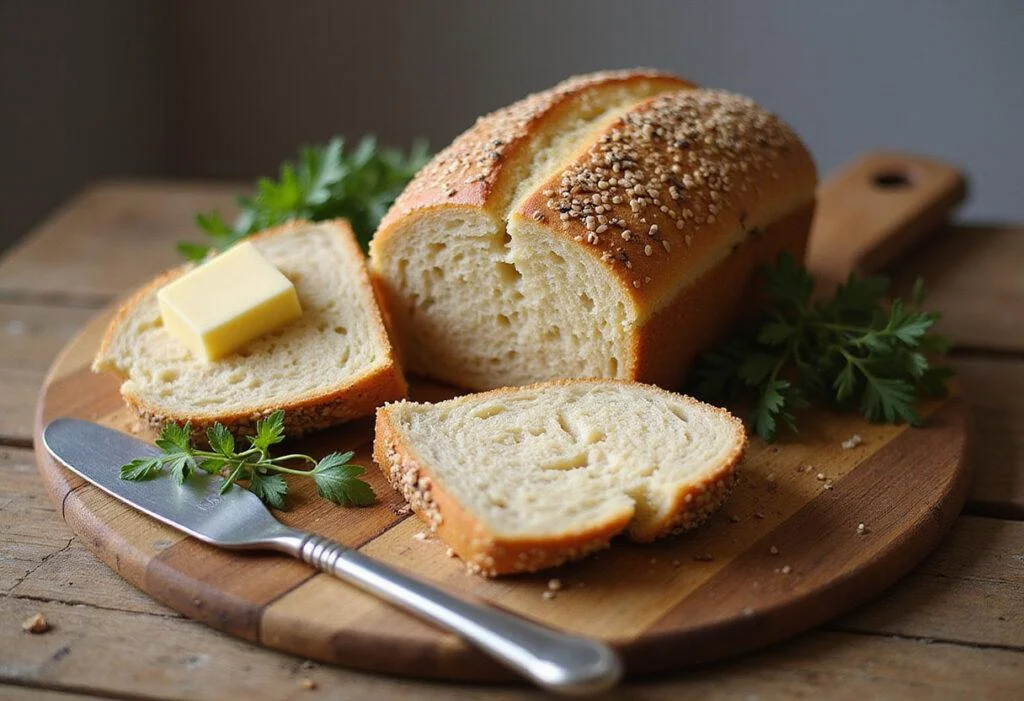 Sliced Wholesome Quinoa Bread displayed on a wooden cutting board, highlighting its fluffy texture, perfect for any healthy meal.