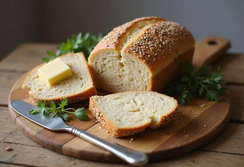 Sliced Wholesome Quinoa Bread displayed on a wooden cutting board, highlighting its fluffy texture, perfect for any healthy meal.