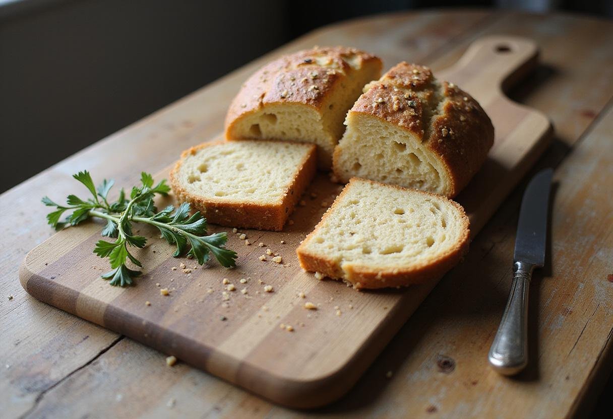 Sliced Wholesome Quinoa Bread displayed on a wooden cutting board, highlighting its fluffy texture, perfect for any healthy meal.