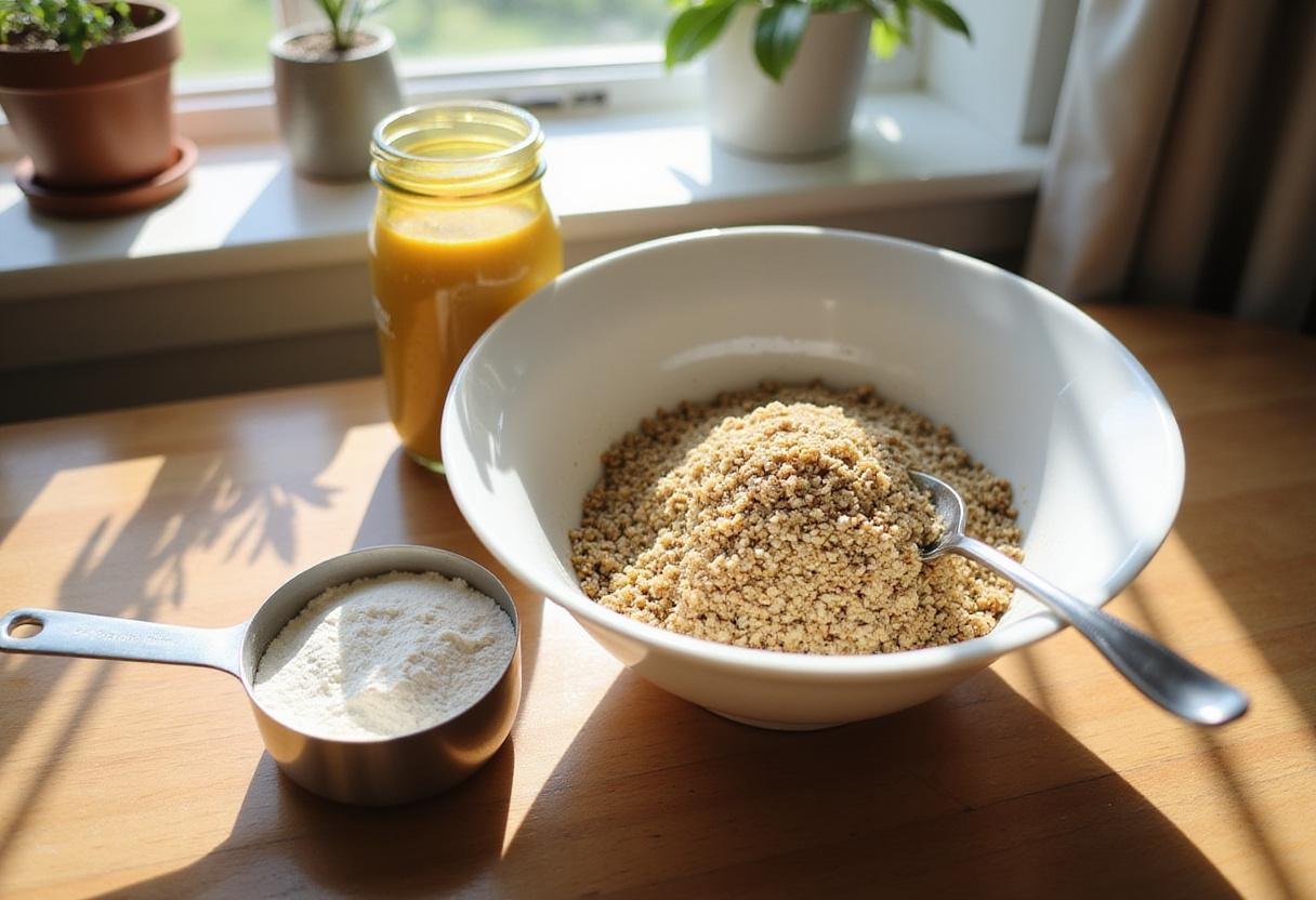 Ingredients for Quinoa Bread on a wooden countertop, showcasing cooked quinoa and flour for a healthy quinoa bread recipe.