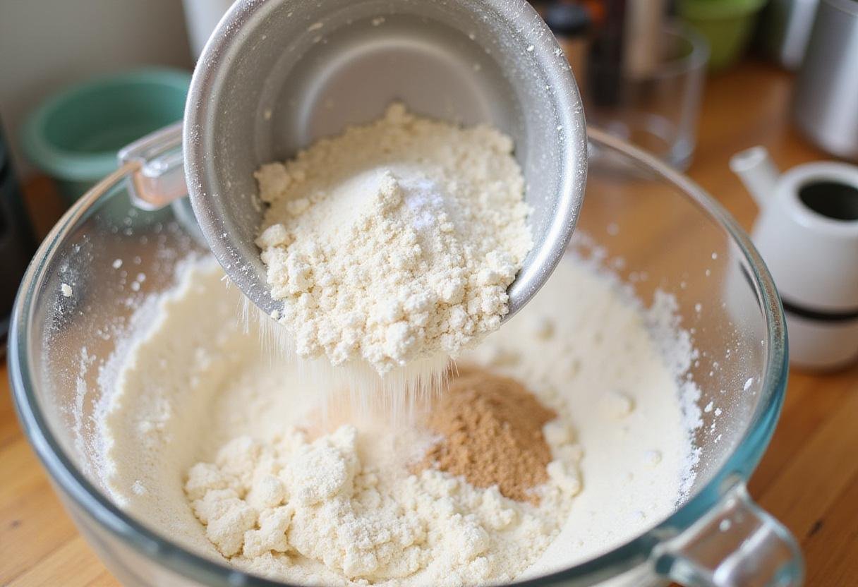 Sifting dry ingredients for Quinoa Bread in a bright kitchen, creating a delicious quinoa bread mixture.