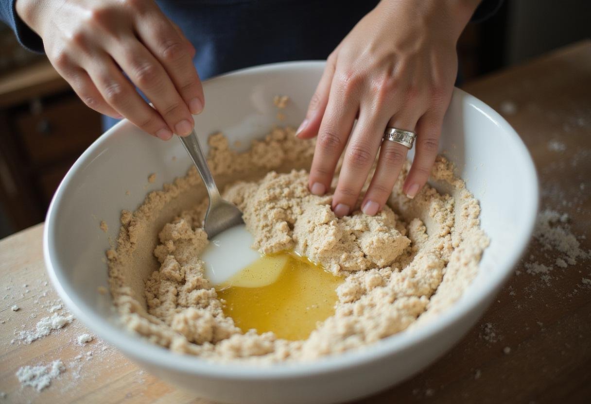 Mixing wet ingredients into dry ingredients for Wholesome Quinoa Bread, showcasing the process of creating the bread dough.