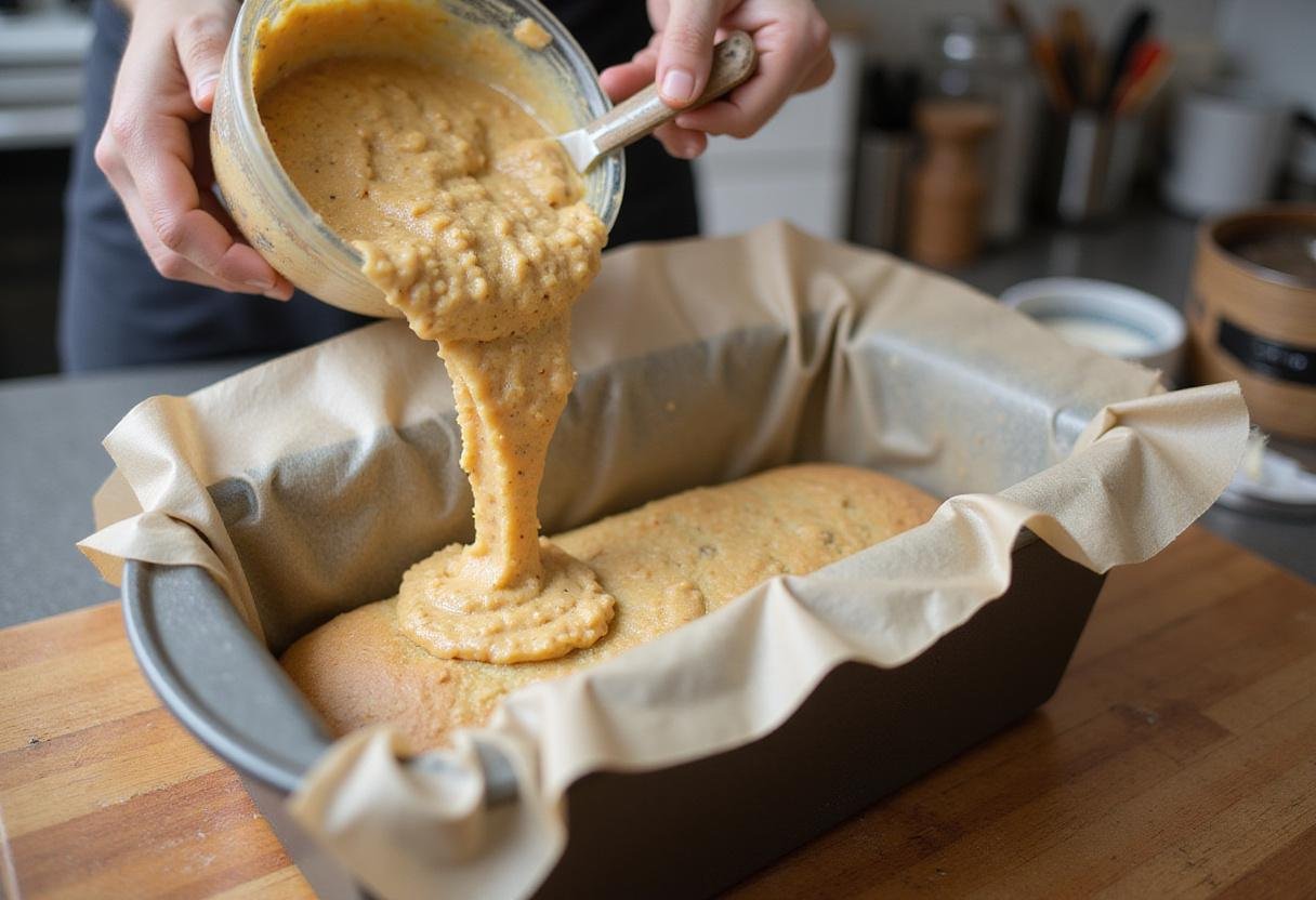 Pouring quinoa bread mixture into a loaf pan, preparing to bake a wholesome quinoa bread for a healthy lifestyle.