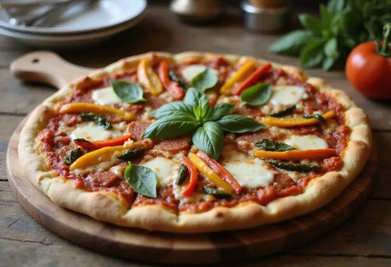 Delicious Yannis's Gourmet Pizza Treat, beautifully presented on a wooden board, showcasing vibrant toppings and melted cheese.