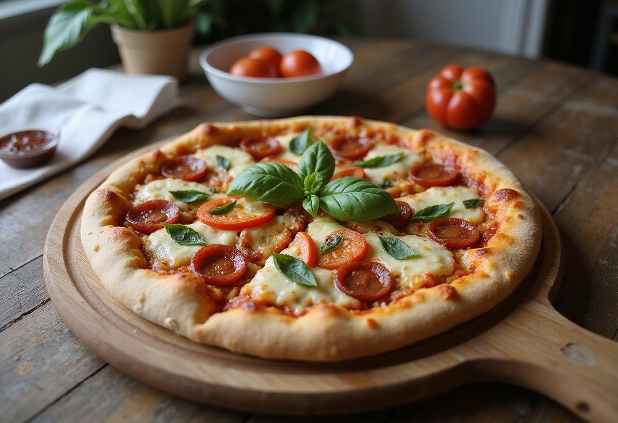 Delicious Yannis's Gourmet Pizza Treat, beautifully presented on a wooden board, showcasing vibrant toppings and melted cheese.